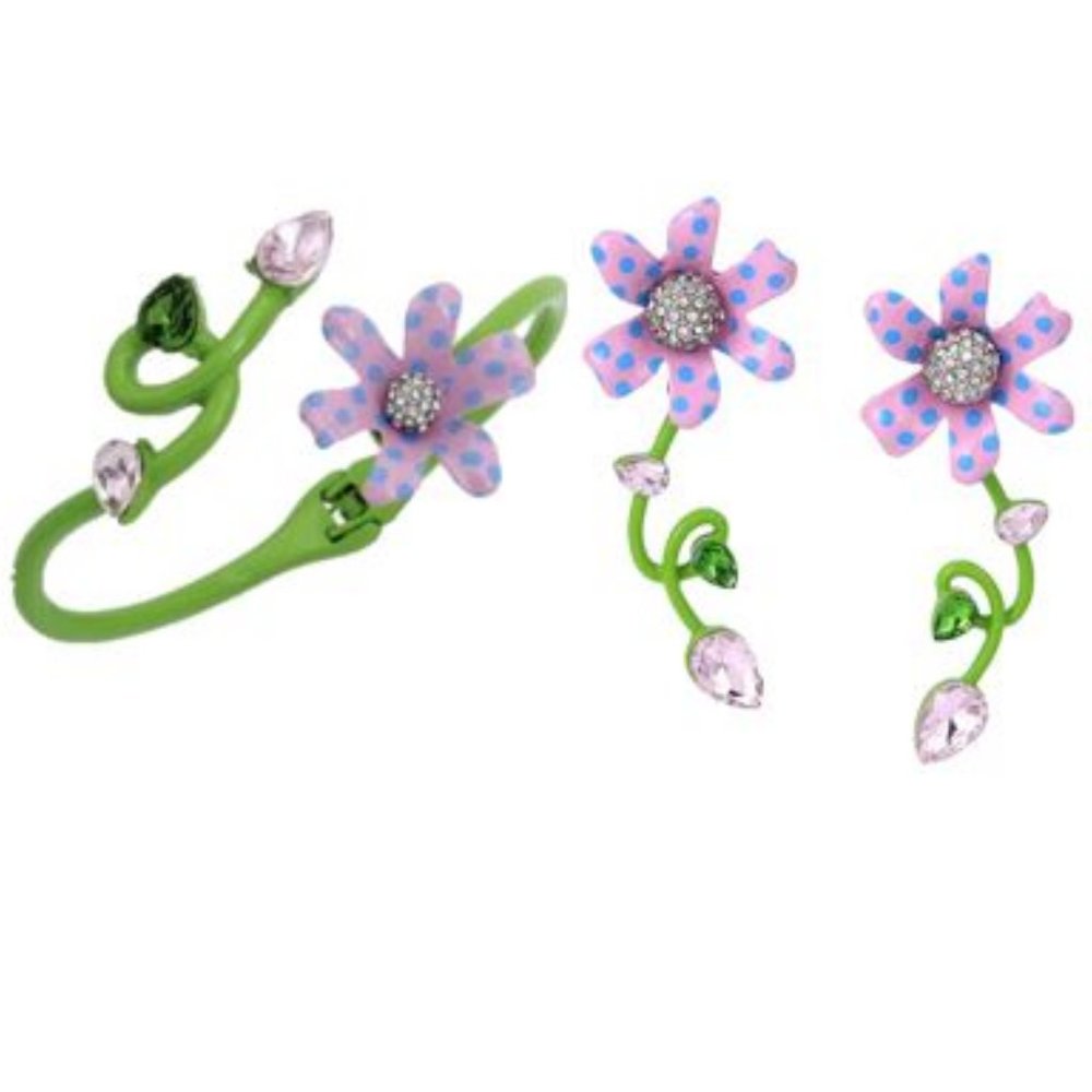 Betsey Johnson Polkadot Flower Bejeweled Wrist Cuff & Earrings